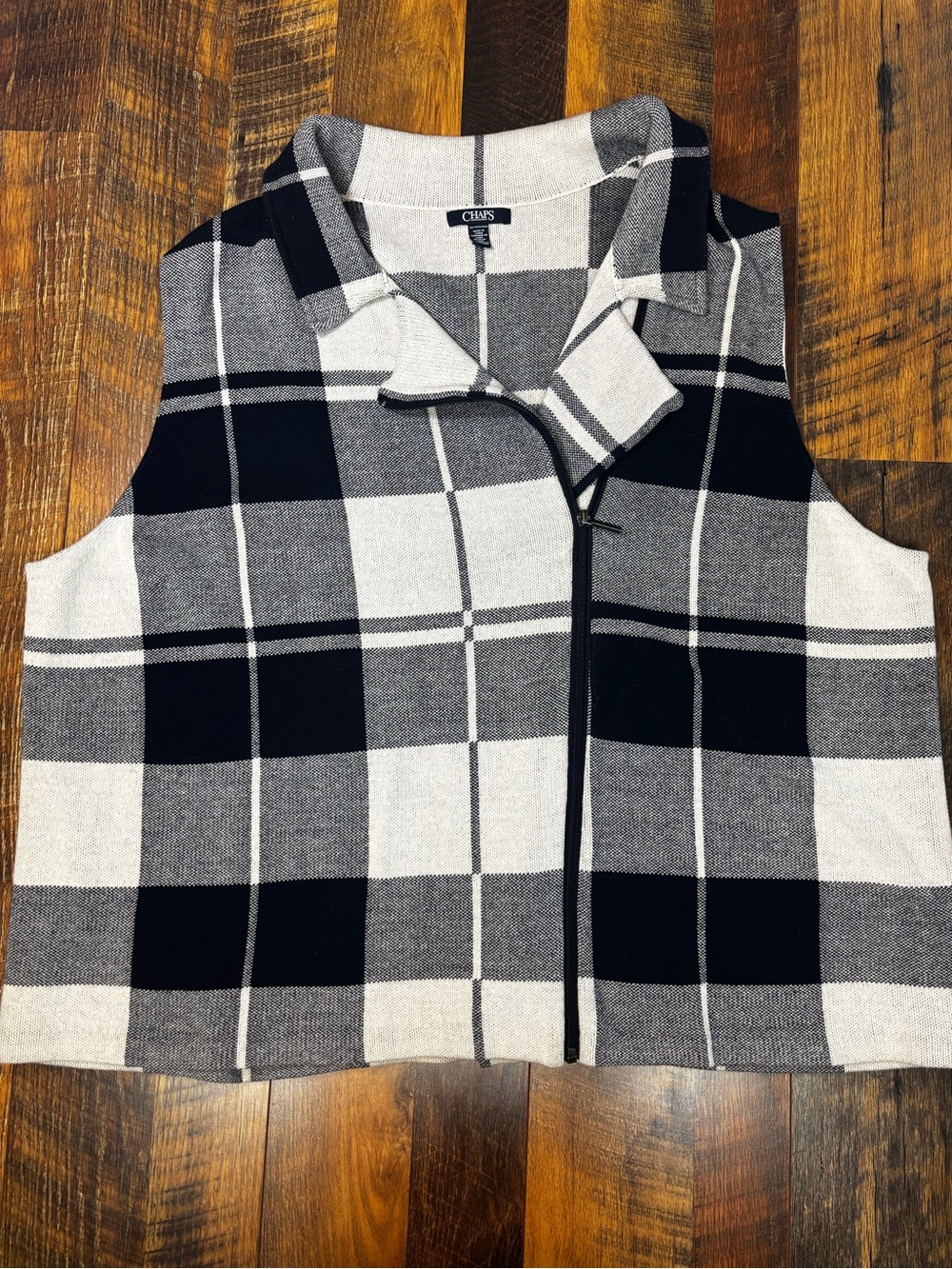 CHAPS navy/white plaid knit vest edgy asymmetrical zipper fold over collar 3XL